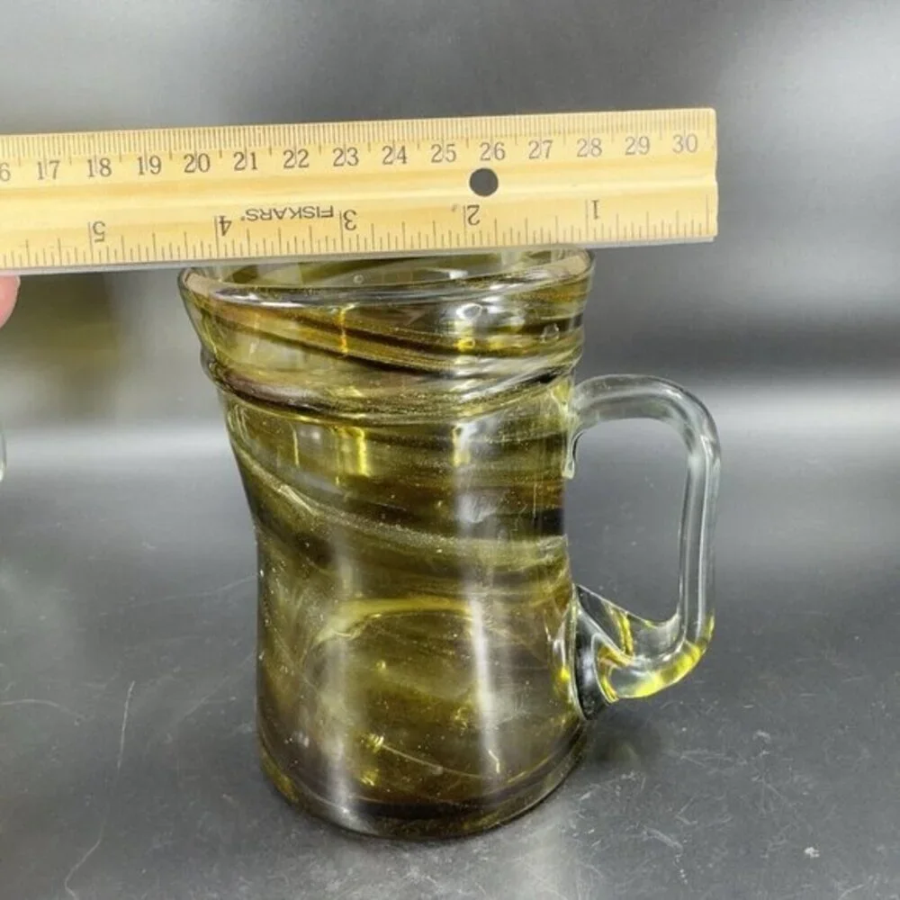 Art Glass Mug‎ Cup With Applied Clear Handle Green Black Swirls Lines Hand Made